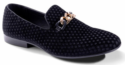 Montique Men's Black Velvet Material Slip-on Shoe Gold Chain Fashion Design Loafers