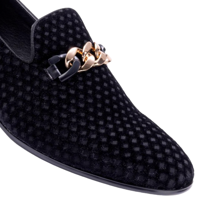 Montique Men's Black Velvet Material Slip-on Shoe Gold Chain Fashion Design Loafers