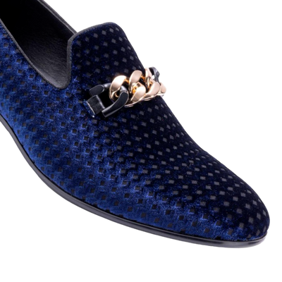 Men's Blue Velvet Material Slip-on Shoe Gold Chain Luxury Loafer