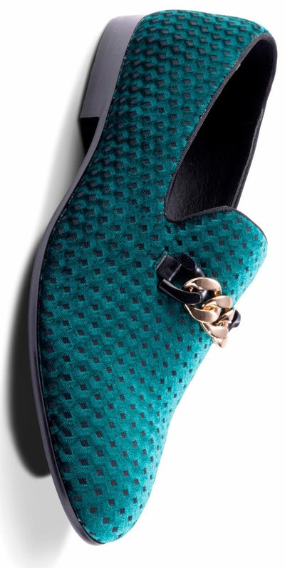 Men's Emerald Green Velvet Material Slip-on Shoe Gold Chain Luxury Loafer