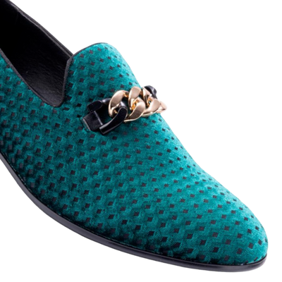 Men's Emerald Green Velvet Material Slip-on Shoe Gold Chain Luxury Loafer