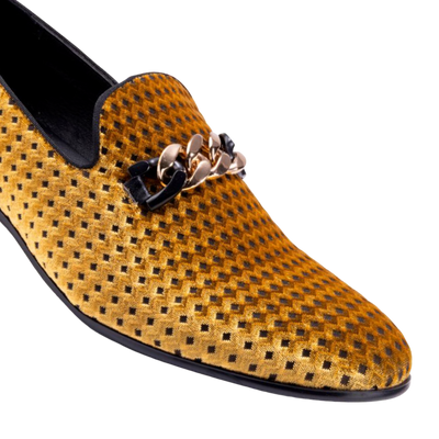 Montique Men's Gold Velvet Material Slip-on Shoe Gold Chain Fashion Design