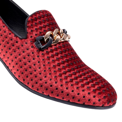 Montique Men's Red Velvet Material Slip-on Shoe Gold Chain Fashion Design