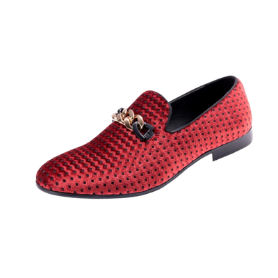 Montique Men's Red Velvet Material Slip-on Shoe Gold Chain Fashion Design