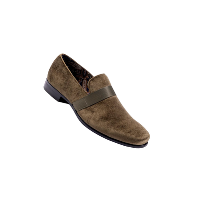 Olive Velvet Men's Shoe Slip-on with a satin ribbon Luxury Style
