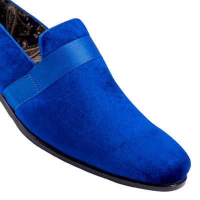 Royal Blue Velvet Men's Shoe Slip-on with a satin ribbon Loafer