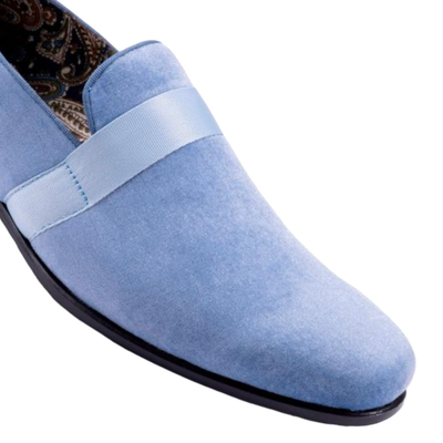 Sky Blue Velvet Men's Shoe Slip-on with a satin ribbon