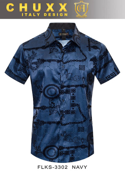 Navy Blue Men's Graphic Design Short Sleeves Shiny Shirt Satin Material