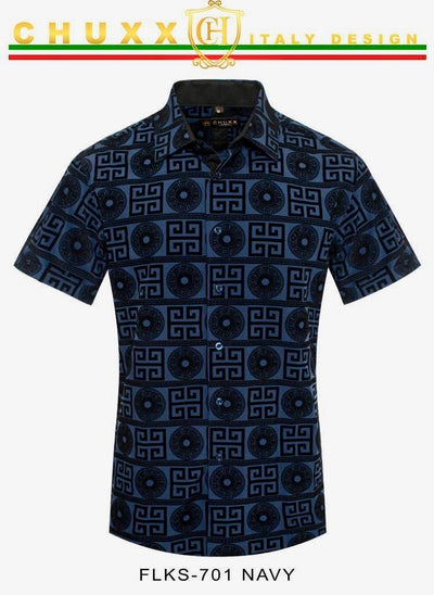 Navy Blue Men's Luxury Style Greek Key Short Sleeves Shirt Regular-Fit