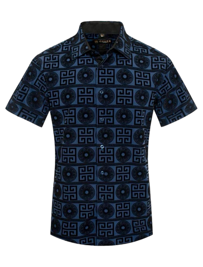 Navy Blue Men's Luxury Style Greek Key Short Sleeves Shirt Regular-Fit