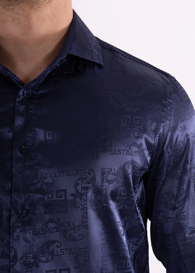 Navy Blue Men's Shinny Satin Shirt Greek Key Long Sleeves Style No-232272