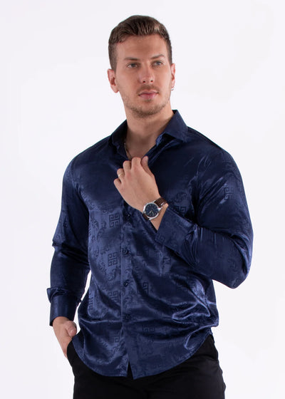Navy Blue Men's Shinny Satin Shirt Greek Key Long Sleeves Style No-232272