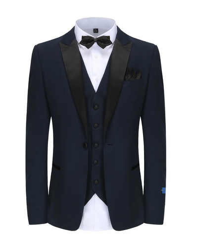 Navy Blue Men's Tuxedo Slim-Fit Black Satin Peak Lapel One Button TX-500