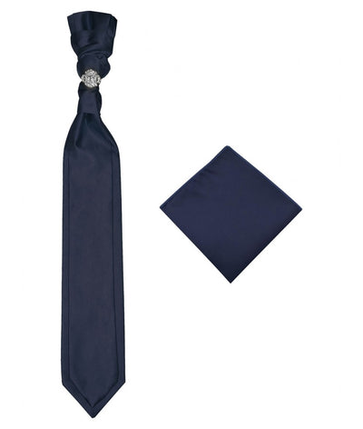 Navy Blue Necktie Cravat with Sliver Diamonds Ring and Handkerchief Set