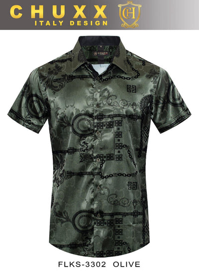 Olive Men's Graphic Design Short Sleeves Shiny Shirt Satin Material