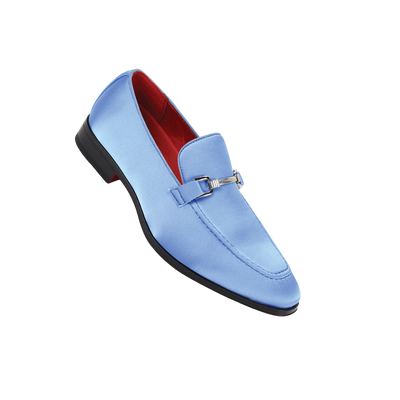 Men's Sky Blue Formal Satin Material Slip-On Loafer Dress Shoes Sliver Buckle Style no-7018