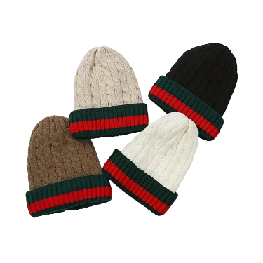 White Men's Winter knitted hat with green and red Striped Wool Beanie