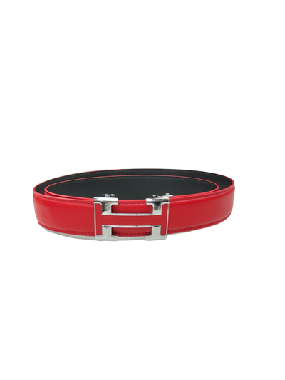 Red Men's Belt Slide Ratchet Genuine Leather H Silver Buckle