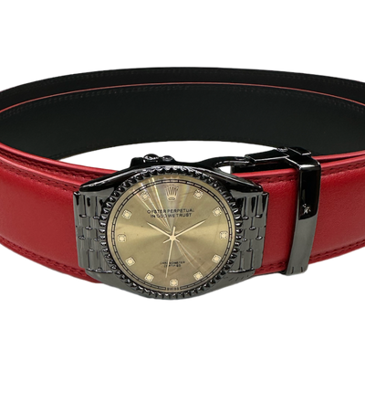 Red Rolex Watch Men's Belt Genuine Leather Black Buckle