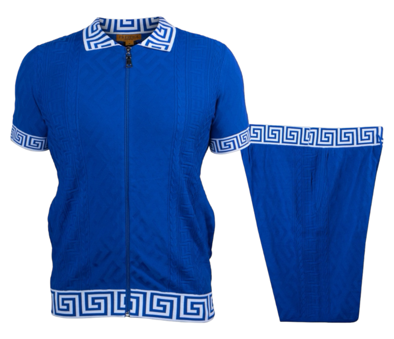 Prestige Royal Blue Full Zipper Shirt & Short Set Greek Key Luxury Style