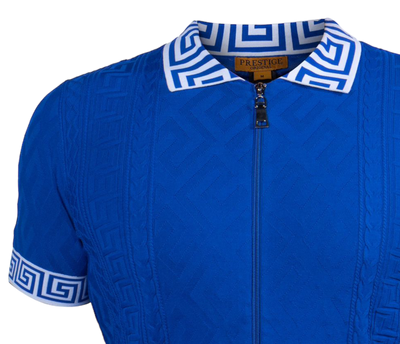 Prestige Royal Blue Full Zipper Shirt & Short Set Greek Key Luxury Style