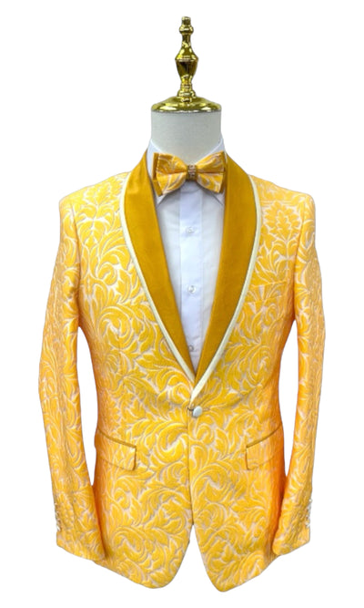 Gold Paisley Men's Blazer Luxury Design Shall Lapel Slim-Fit with Bowtie