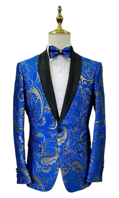 Royal Blue and Gold Paisley Prom Blazer Shall Lapel Slim-Fit with Bowtie