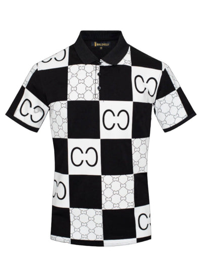 Black and White Fashion Design Printed Plaid Men's Polo Regular-Fit