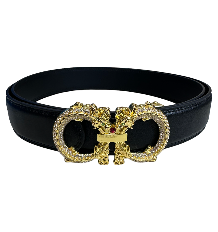 Men's Fashion Design Black Belt Genuine Leather Gold Diamonds Stone Bu