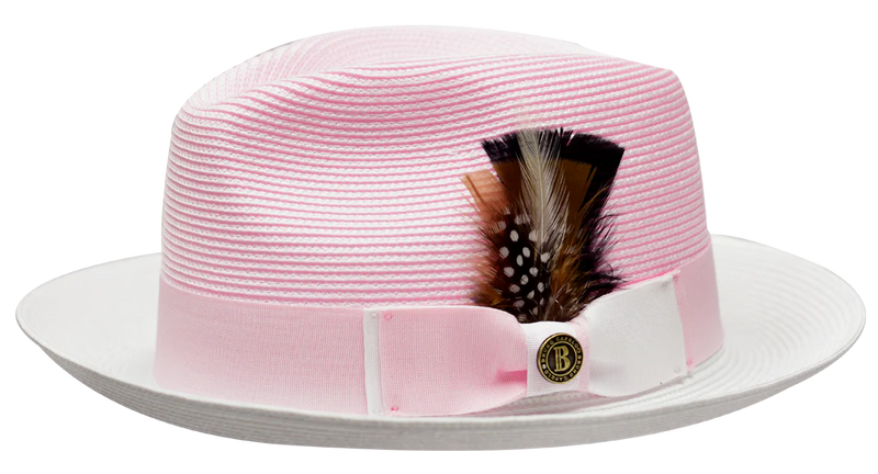 Pink and White Georgio Collection 2-Tone Straw Fedora Hat by Bruno Capelo
