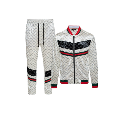 Premium GG Men's Beige Velvet Jogging Set Jacket and Pants  Red and Green Strip
