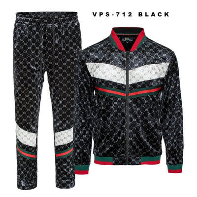 Premium GG Men's Black Velvet Jogging Set Jacket and Pants Red and Green Strip SPV-712