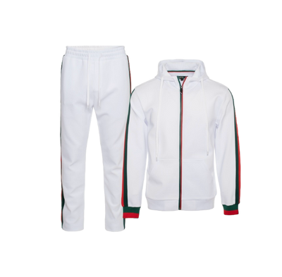 Premium GG Men's White Hoodie Jogging Set Red and Green Strip Luxury Style