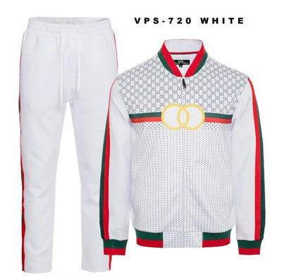 Premium GG Men's White Jogging Set Jackets and Pants Red and Green Strip
