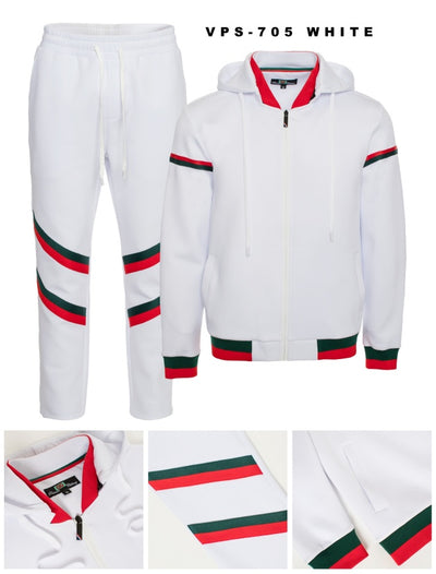 Premium GG Men's White Jogging Set with Hoodie Jacket Red and Green Strip