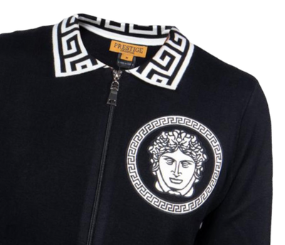 Prestige Black Men's Polo Sweater with White Leather Medusa Zip Up Jacket