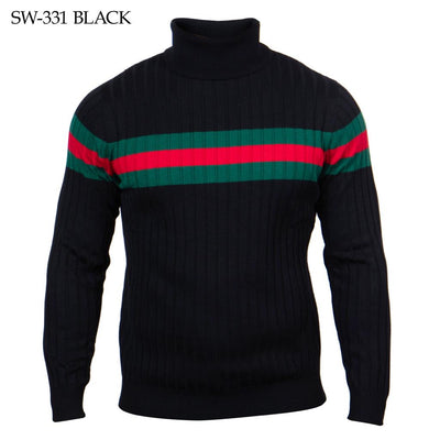 Prestige Black Men's Turtleneck Sweaters Regular-Fit Red and Green Stripe