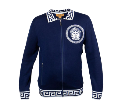 Prestige Blue Men's Polo Sweater with White Leather Medusa Zip Up Jacket