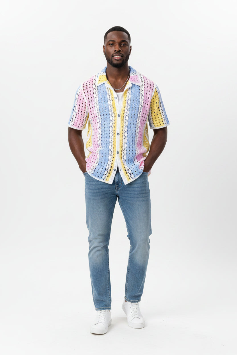 Prestige CRH-6325 BLUE Men's Crochet Knit Short Sleeve Shirt