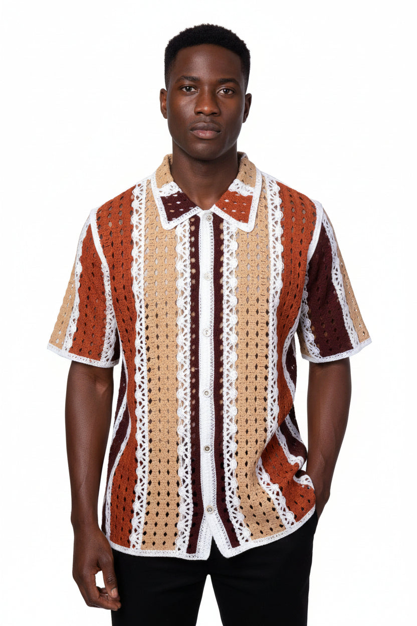Prestige CRH-6325 SAND Men's Crochet Knit Short Sleeve Shirt – DESIGN MENSWEAR
