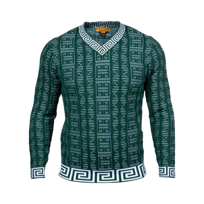 Prestige Green V-Neck Men's Pullover Sweaters Greek key