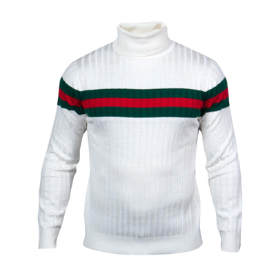 Prestige Men's White Turtleneck Sweaters Regular-Fit Red and Green Stripe