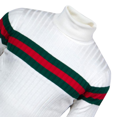 Prestige Men's White Turtleneck Sweaters Regular-Fit Red and Green Stripe