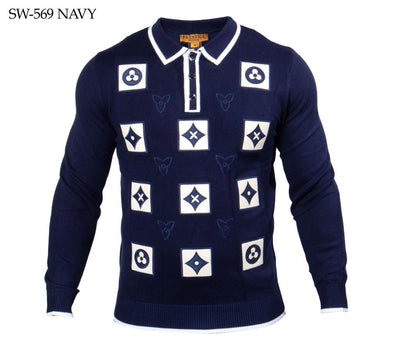 Prestige Navy Blue Men's Polo Sweater with White Leather Fashion Style