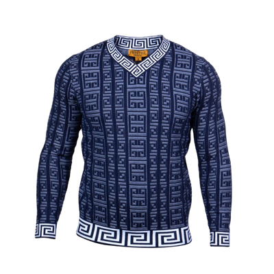 Prestige Navy Blue V-Neck Men's Pullover Sweaters Greek key Lightweight