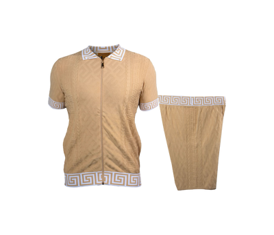 Prestige Beige Full Zipper Shirt & Short Set Greek Key Luxury Style SKJ-220 - Design Menswear