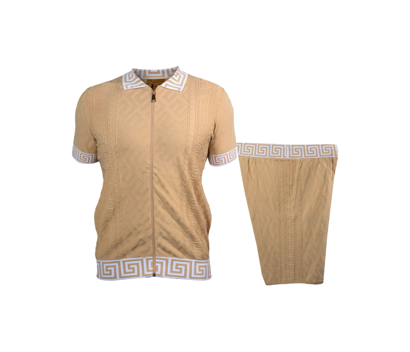 Prestige Beige Full Zipper Shirt & Short Set Greek Key Luxury Style SKJ-220 - Design Menswear