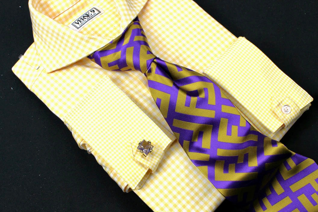 Purple Gold FF Men's Fashion Design Luxury Necktie and Hanky Set DESIGN MENSWEAR Purple Gold FF Men's Fashion Design Luxury Necktie and Hanky Set DESIGN MENSWEAR