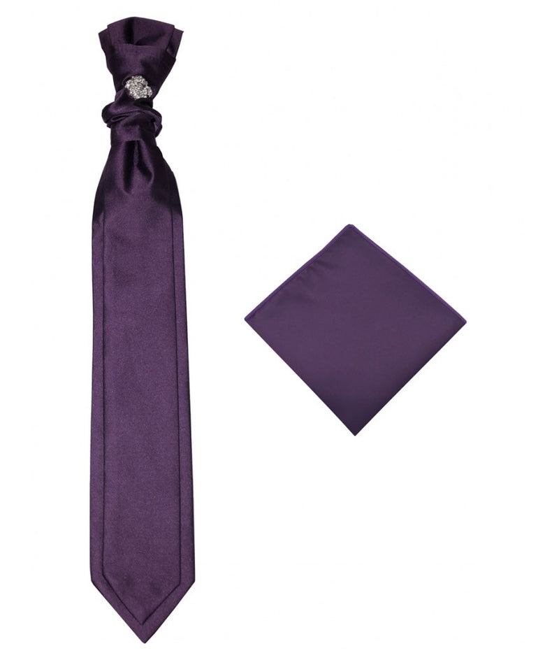Purple Necktie Cravat with Sliver Diamonds Ring and Handkerchief Set