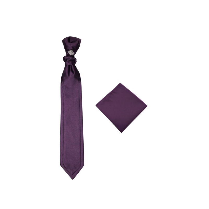 Purple Necktie Cravat with Sliver Diamonds Ring and Handkerchief Set